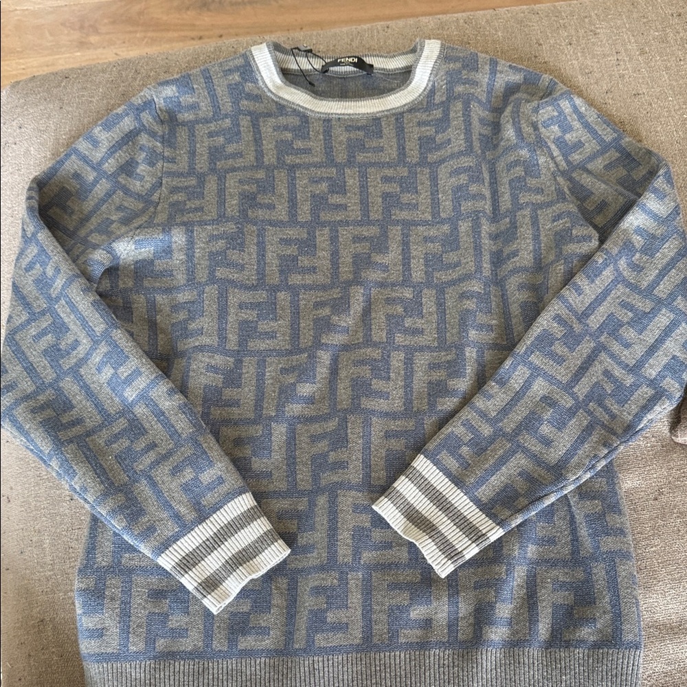 Fendi Blue and Gray FF Logo Crewneck Sweater